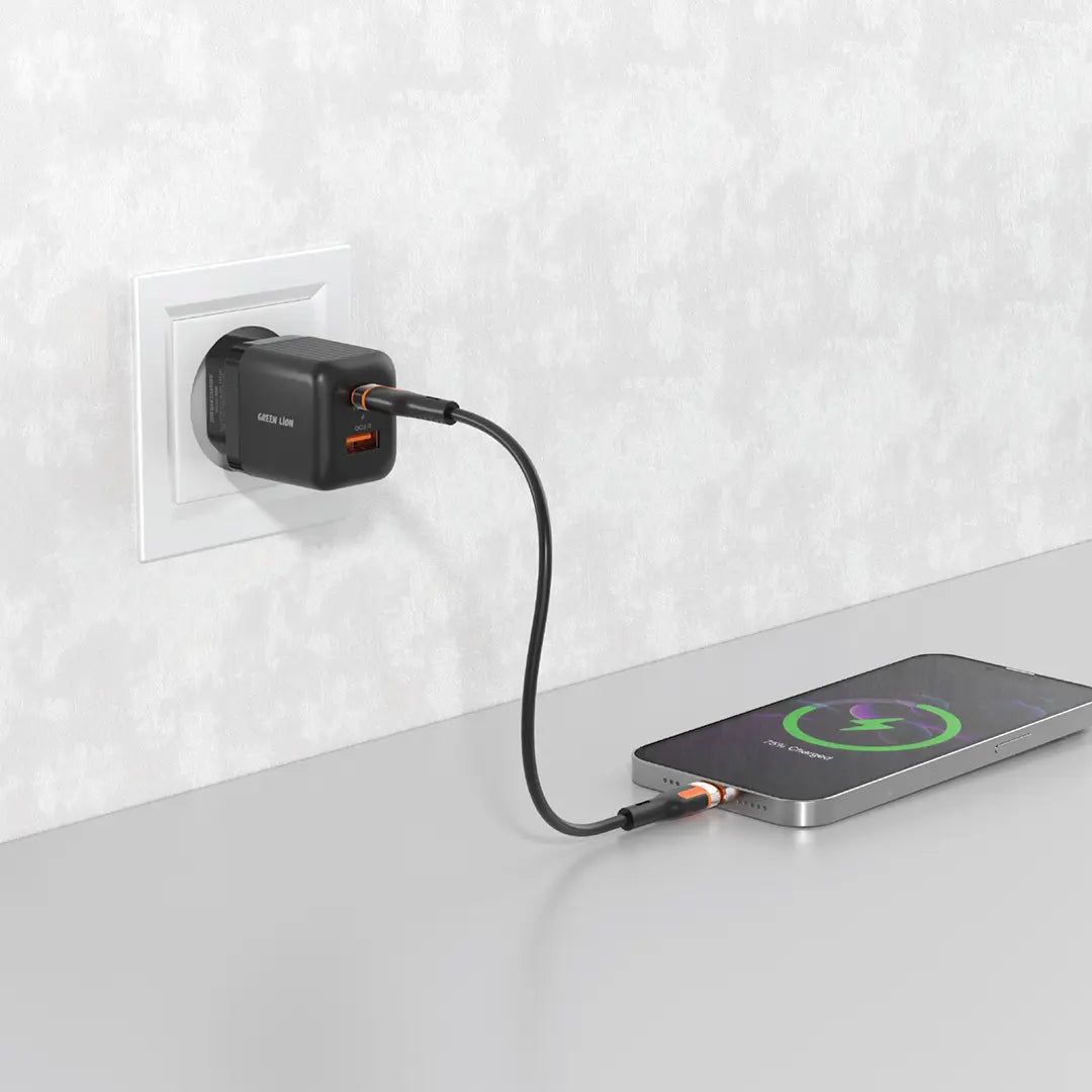 Green Lion Ultra Compact GaN Wall Charger EU Pin A+C 20W (with C to C / C to L Cable) - Black